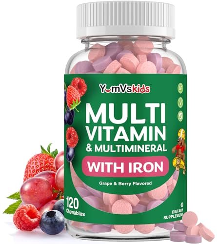 YumVs Kinder Multivitamin mit Eisen & Mineralien – Kautabletten – Trauben- und Beerengeschmack – für Kleinkinder & Kinder ab 2 Jahren – tägliches Multivitamin für Immununterstützung – Koscher, Nicht-GVO – 120 Kautabletten
