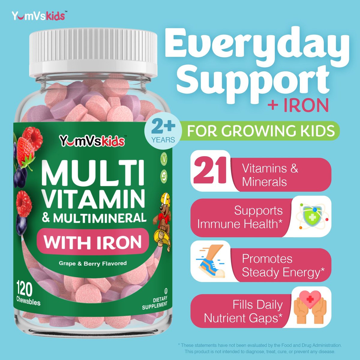 YumVs Kinder Multivitamin mit Eisen & Mineralien – Kautabletten – Trauben- und Beerengeschmack – für Kleinkinder & Kinder ab 2 Jahren – tägliches Multivitamin für Immununterstützung – Koscher, Nicht-GVO – 120 Kautabletten