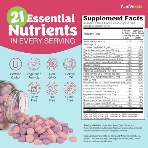 YumVs Kinder Multivitamin mit Eisen & Mineralien – Kautabletten – Trauben- und Beerengeschmack – für Kleinkinder & Kinder ab 2 Jahren – tägliches Multivitamin für Immununterstützung – Koscher, Nicht-GVO – 120 Kautabletten