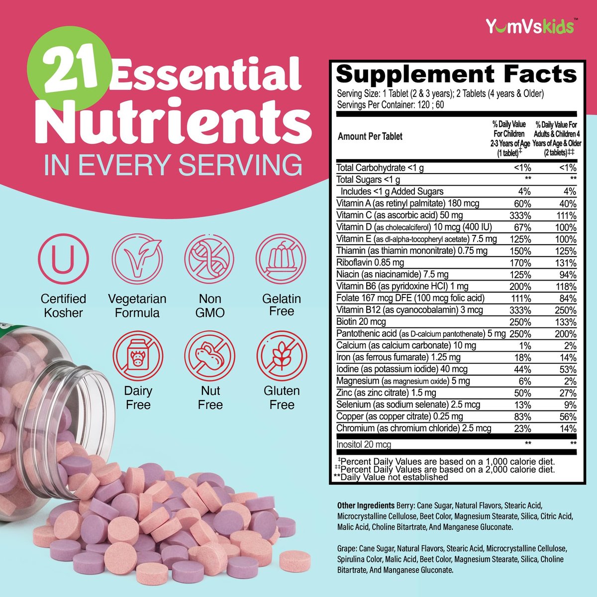 YumVs Kinder Multivitamin mit Eisen & Mineralien – Kautabletten – Trauben- und Beerengeschmack – für Kleinkinder & Kinder ab 2 Jahren – tägliches Multivitamin für Immununterstützung – Koscher, Nicht-GVO – 120 Kautabletten