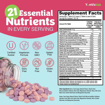 YumVs Kinder Multivitamin mit Eisen & Mineralien – Kautabletten – Trauben- und Beerengeschmack – für Kleinkinder & Kinder ab 2 Jahren – tägliches Multivitamin für Immununterstützung – Koscher, Nicht-GVO – 120 Kautabletten