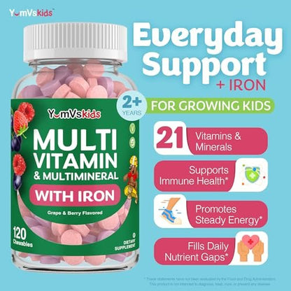 YumVs Kinder Multivitamin mit Eisen & Mineralien – Kautabletten – Trauben- und Beerengeschmack – für Kleinkinder & Kinder ab 2 Jahren – tägliches Multivitamin für Immununterstützung – Koscher, Nicht-GVO – 120 Kautabletten