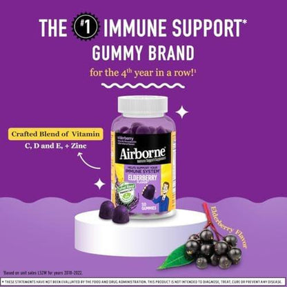 Airborne Holunderbeere + Zink & Vitamin C Gummibärchen für Erwachsene, Immununterstützung mit Vitamin D & Zink, starke antioxidative Vitamine C, D & E - 50 Gummibärchen, Holunderbeergeschmack
