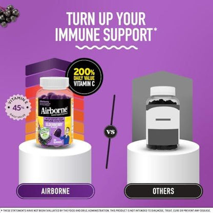 Airborne Holunderbeere + Zink & Vitamin C Gummibärchen für Erwachsene, Immununterstützung mit Vitamin D & Zink, starke antioxidative Vitamine C, D & E - 50 Gummibärchen, Holunderbeergeschmack