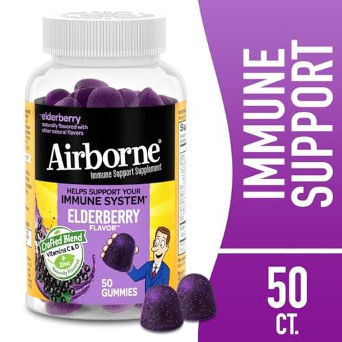 Airborne Holunderbeere + Zink & Vitamin C Gummibärchen für Erwachsene, Immununterstützung mit Vitamin D & Zink, starke antioxidative Vitamine C, D & E - 50 Gummibärchen, Holunderbeergeschmack