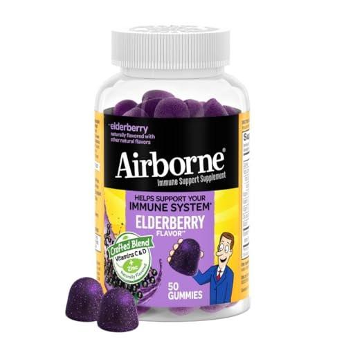 Airborne Holunderbeere + Zink & Vitamin C Gummibärchen für Erwachsene, Immununterstützung mit Vitamin D & Zink, starke antioxidative Vitamine C, D & E - 50 Gummibärchen, Holunderbeergeschmack