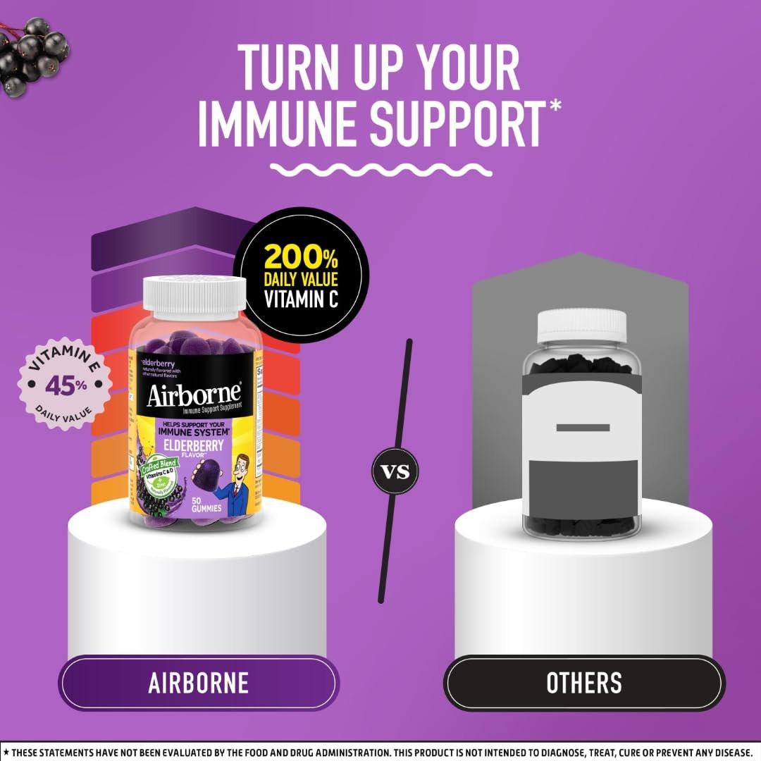Airborne Holunderbeere + Zink & Vitamin C Gummibärchen für Erwachsene, Immununterstützung mit Vitamin D & Zink, starke antioxidative Vitamine C, D & E - 50 Gummibärchen, Holunderbeergeschmack