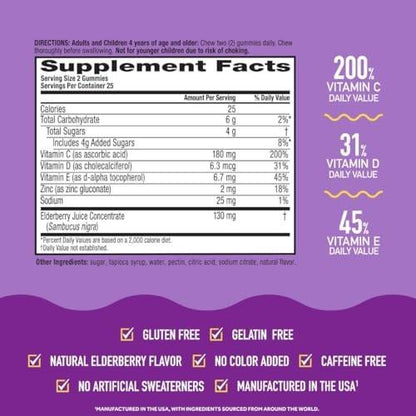 Airborne Holunderbeere + Zink & Vitamin C Gummibärchen für Erwachsene, Immununterstützung mit Vitamin D & Zink, starke antioxidative Vitamine C, D & E - 50 Gummibärchen, Holunderbeergeschmack
