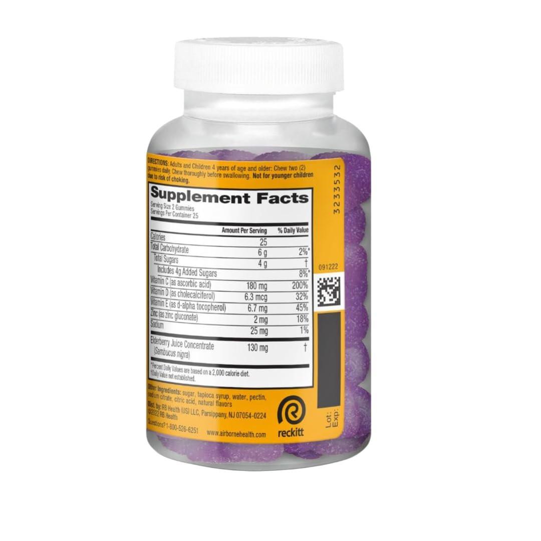 Airborne Holunderbeere + Zink & Vitamin C Gummibärchen für Erwachsene, Immununterstützung mit Vitamin D & Zink, starke antioxidative Vitamine C, D & E - 50 Gummibärchen, Holunderbeergeschmack
