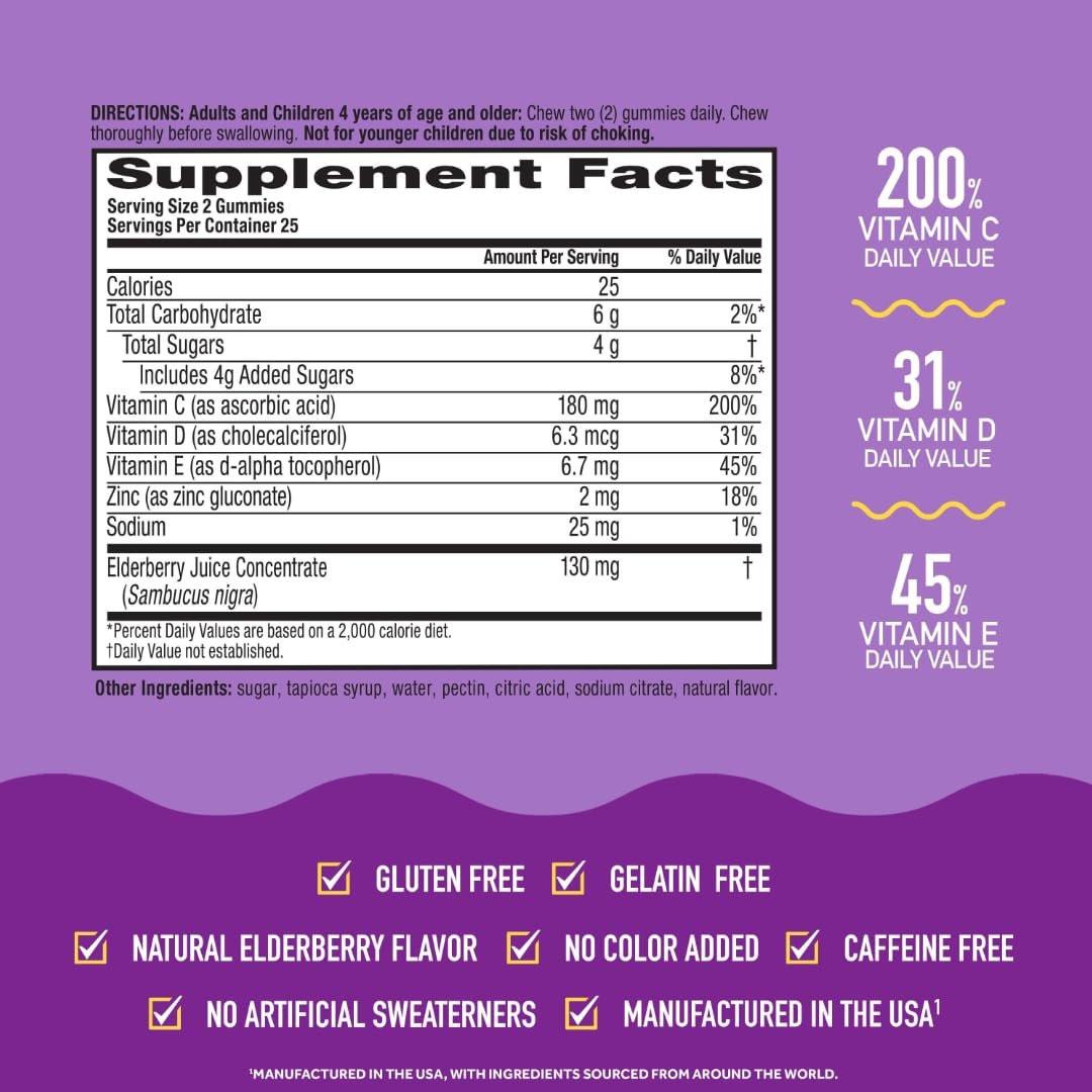 Airborne Holunderbeere + Zink & Vitamin C Gummibärchen für Erwachsene, Immununterstützung mit Vitamin D & Zink, starke antioxidative Vitamine C, D & E - 50 Gummibärchen, Holunderbeergeschmack