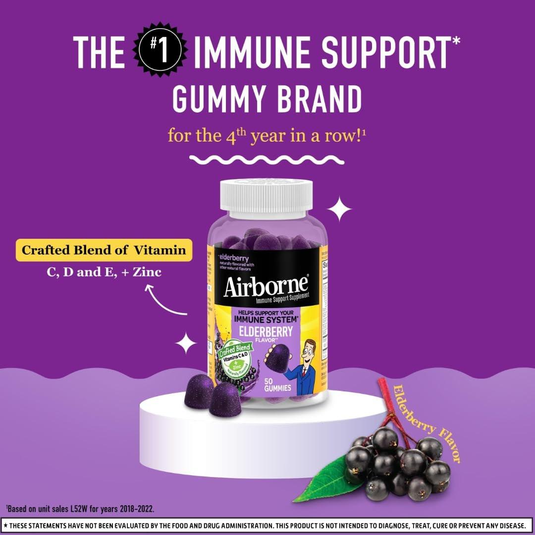 Airborne Holunderbeere + Zink & Vitamin C Gummibärchen für Erwachsene, Immununterstützung mit Vitamin D & Zink, starke antioxidative Vitamine C, D & E - 50 Gummibärchen, Holunderbeergeschmack