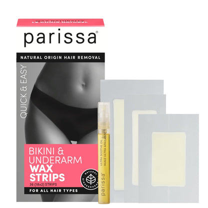Parissa Natürliches Bikini Wachsstreifen Set für empfindliche Haut | Anfängerfreundlich | Fertigwachsstreifen für Bikini & Brazilian | 36 Streifen (18 x 2), 3 Größen