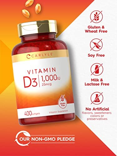 Carlyle Vitamin D3 1000 IE | 25 mcg | 400 Weichkapseln | Hochdosiert | Nicht-GVO & Glutenfrei