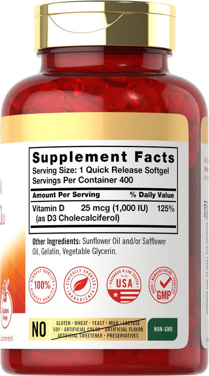 Carlyle Vitamin D3 1000 IE | 25 mcg | 400 Weichkapseln | Hochdosiert | Nicht-GVO & Glutenfrei