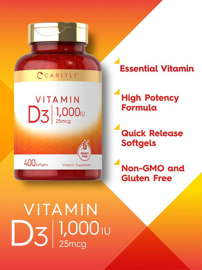 Carlyle Vitamin D3 1000 IE | 25 mcg | 400 Weichkapseln | Hochdosiert | Nicht-GVO & Glutenfrei