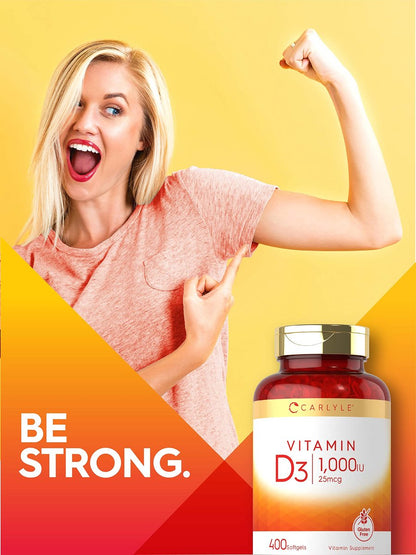 Carlyle Vitamin D3 1000 IE | 25 mcg | 400 Weichkapseln | Hochdosiert | Nicht-GVO & Glutenfrei