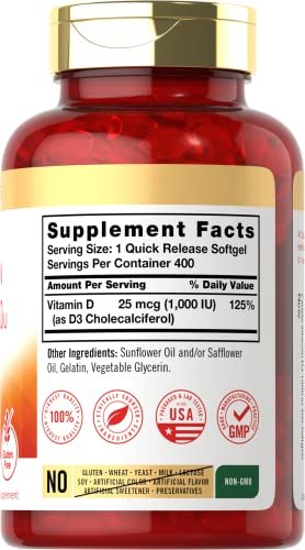 Carlyle Vitamin D3 1000 IE | 25 mcg | 400 Weichkapseln | Hochdosiert | Nicht-GVO & Glutenfrei