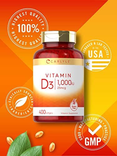 Carlyle Vitamin D3 1000 IE | 25 mcg | 400 Weichkapseln | Hochdosiert | Nicht-GVO & Glutenfrei