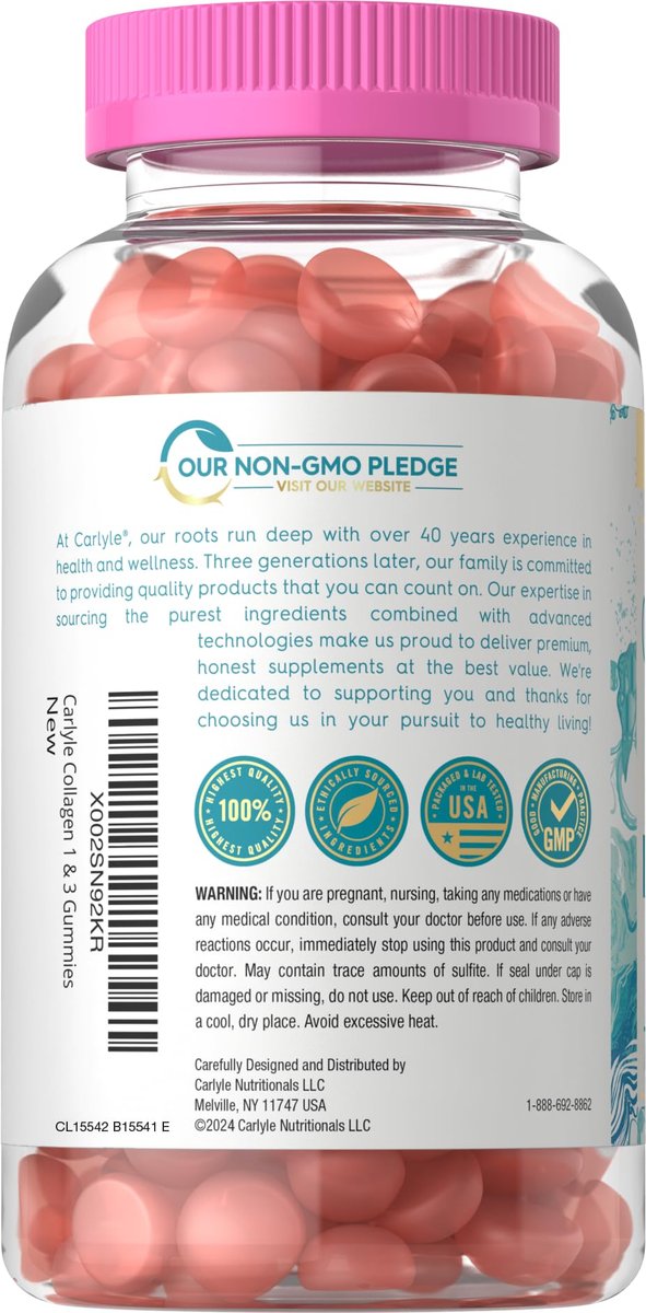 Carlyle Kollagen Gummibärchen | Erdbeergeschmack Schönheitsergänzung | Kollagenpeptide für Frauen & Männer | Typ 1 & 3 | Non-GMO, Glutenfrei