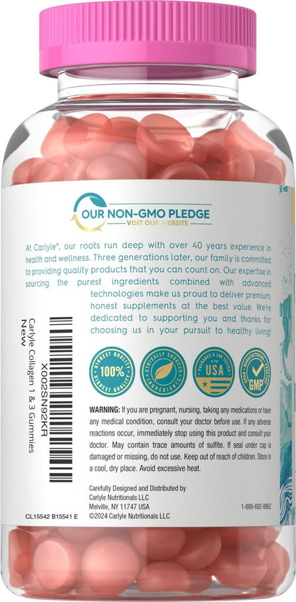 Carlyle Kollagen Gummibärchen | Erdbeergeschmack Schönheitsergänzung | Kollagenpeptide für Frauen & Männer | Typ 1 & 3 | Non-GMO, Glutenfrei