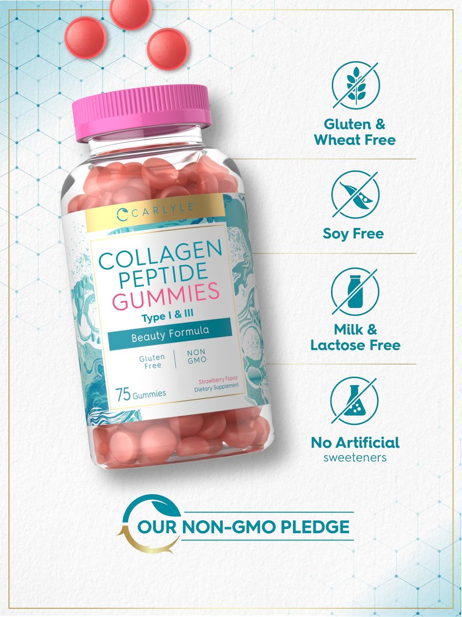Carlyle Kollagen Gummibärchen | Erdbeergeschmack Schönheitsergänzung | Kollagenpeptide für Frauen & Männer | Typ 1 & 3 | Non-GMO, Glutenfrei