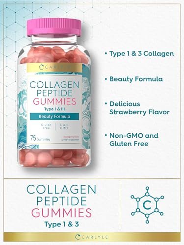 Carlyle Kollagen Gummibärchen | Erdbeergeschmack Schönheitsergänzung | Kollagenpeptide für Frauen & Männer | Typ 1 & 3 | Non-GMO, Glutenfrei