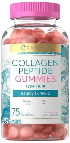 Carlyle Kollagen Gummibärchen | Erdbeergeschmack Schönheitsergänzung | Kollagenpeptide für Frauen & Männer | Typ 1 & 3 | Non-GMO, Glutenfrei