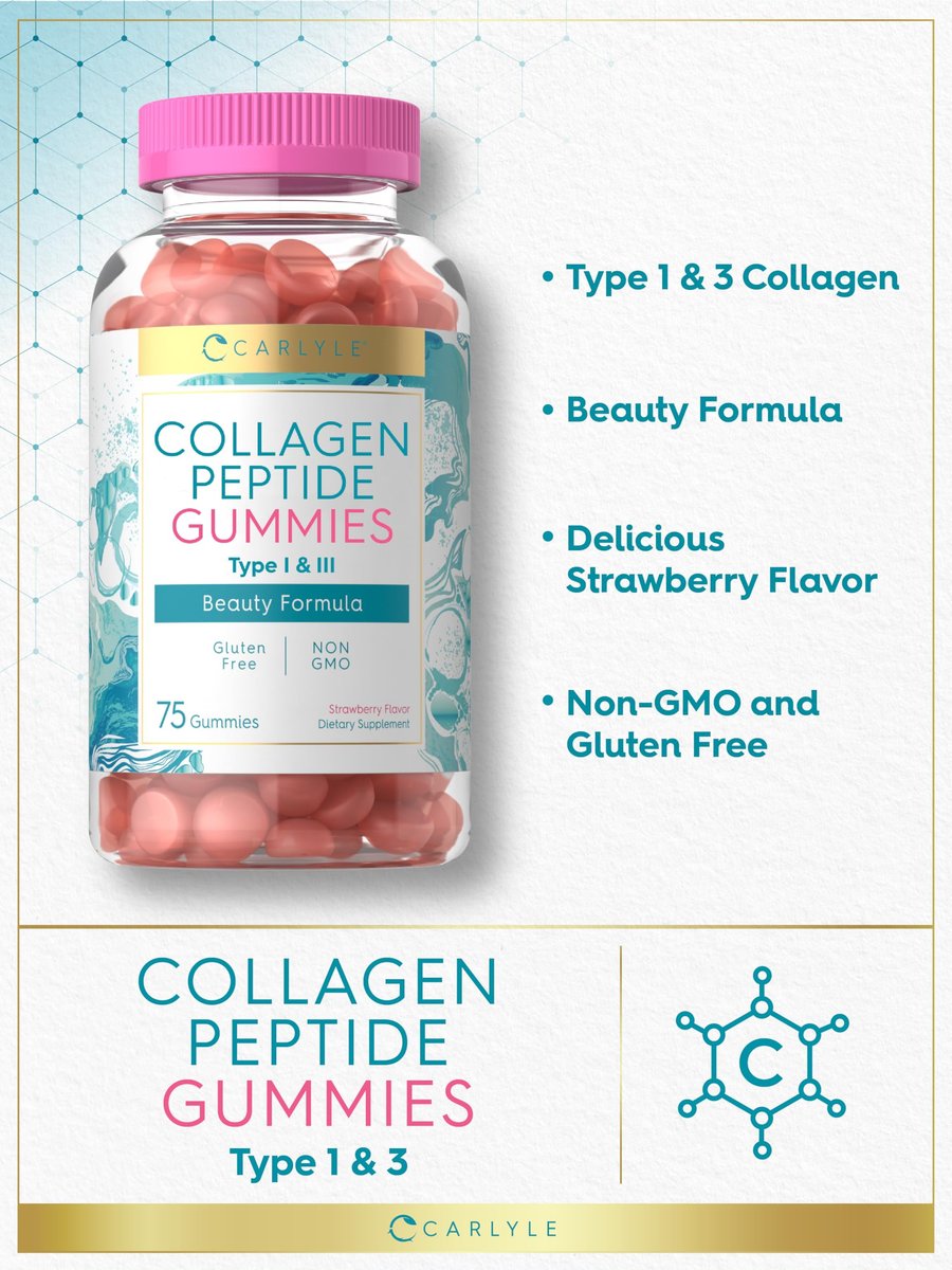 Carlyle Kollagen Gummibärchen | Erdbeergeschmack Schönheitsergänzung | Kollagenpeptide für Frauen & Männer | Typ 1 & 3 | Non-GMO, Glutenfrei