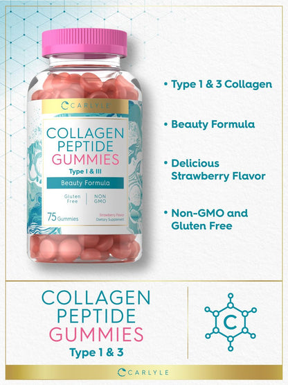 Carlyle Kollagen Gummibärchen | Erdbeergeschmack Schönheitsergänzung | Kollagenpeptide für Frauen & Männer | Typ 1 & 3 | Non-GMO, Glutenfrei