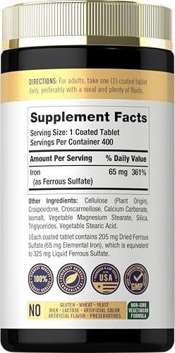 Carlyle Eisen Ferrosulfat 325 mg, 65 mg elementares Eisen | 400 Tabletten | Hochdosiertes, nicht-GVO, glutenfreies und vegetarisches Nahrungsergänzungsmittel