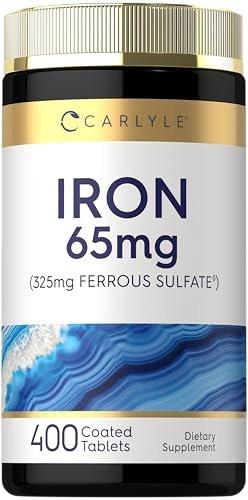 Carlyle Eisen Ferrosulfat 325 mg, 65 mg elementares Eisen | 400 Tabletten | Hochdosiertes, nicht-GVO, glutenfreies und vegetarisches Nahrungsergänzungsmittel