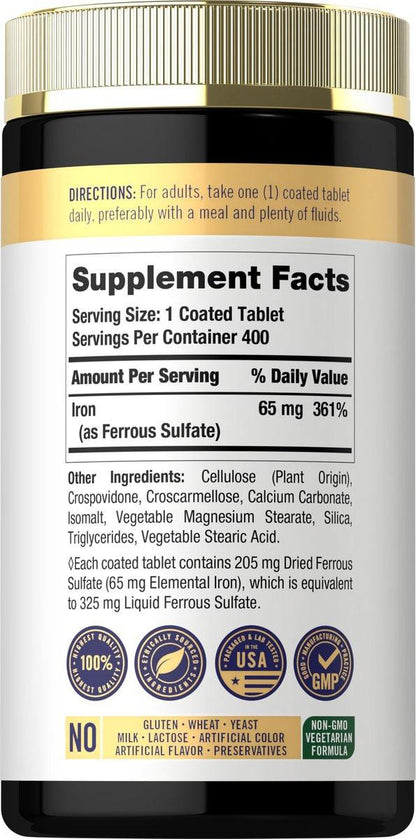 Carlyle Eisen Ferrosulfat 325 mg, 65 mg elementares Eisen | 400 Tabletten | Hochdosiertes, nicht-GVO, glutenfreies und vegetarisches Nahrungsergänzungsmittel