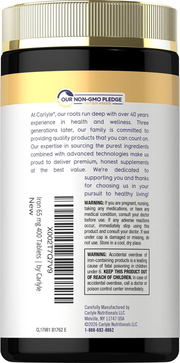 Carlyle Eisen Ferrosulfat 325 mg, 65 mg elementares Eisen | 400 Tabletten | Hochdosiertes, nicht-GVO, glutenfreies und vegetarisches Nahrungsergänzungsmittel