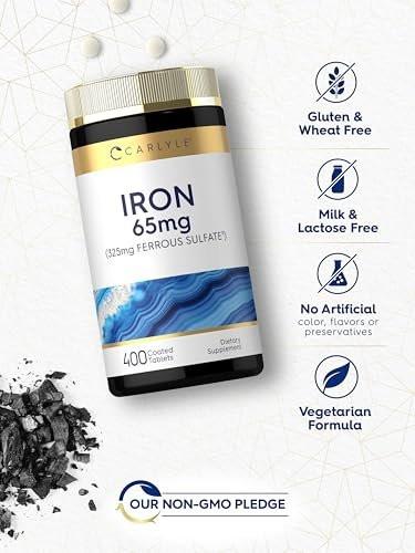 Carlyle Eisen Ferrosulfat 325 mg, 65 mg elementares Eisen | 400 Tabletten | Hochdosiertes, nicht-GVO, glutenfreies und vegetarisches Nahrungsergänzungsmittel