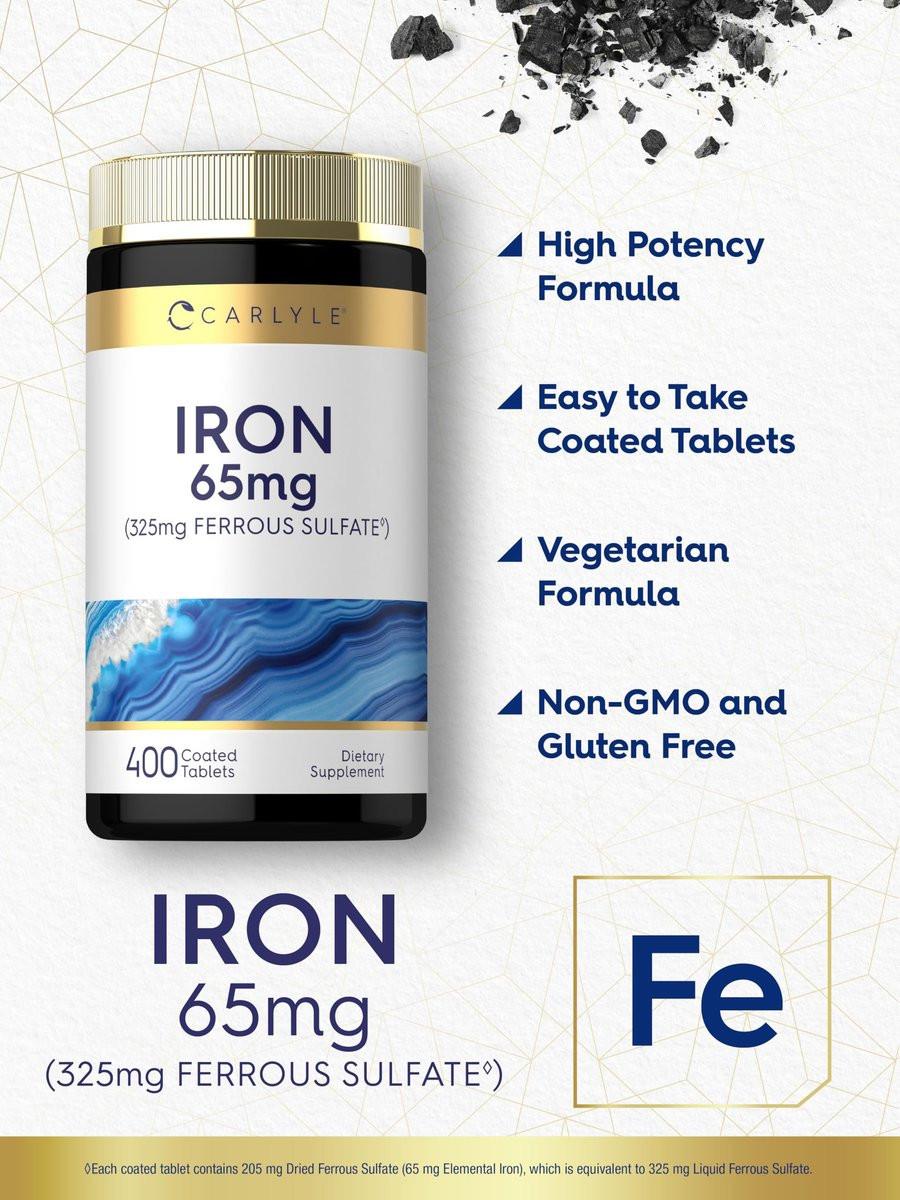 Carlyle Eisen Ferrosulfat 325 mg, 65 mg elementares Eisen | 400 Tabletten | Hochdosiertes, nicht-GVO, glutenfreies und vegetarisches Nahrungsergänzungsmittel