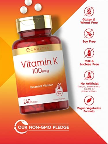 Carlyle Vitamin K 100 mcg | 240 Tabletten | Vegetarisch, Nicht-GVO, Glutenfrei | Vitamin-K-Ergänzung