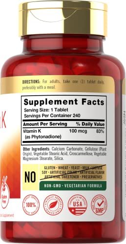 Carlyle Vitamin K 100 mcg | 240 Tabletten | Vegetarisch, Nicht-GVO, Glutenfrei | Vitamin-K-Ergänzung