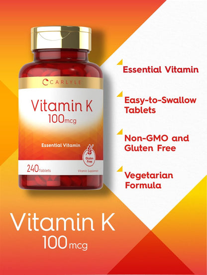 Carlyle Vitamin K 100 mcg | 240 Tabletten | Vegetarisch, Nicht-GVO, Glutenfrei | Vitamin-K-Ergänzung