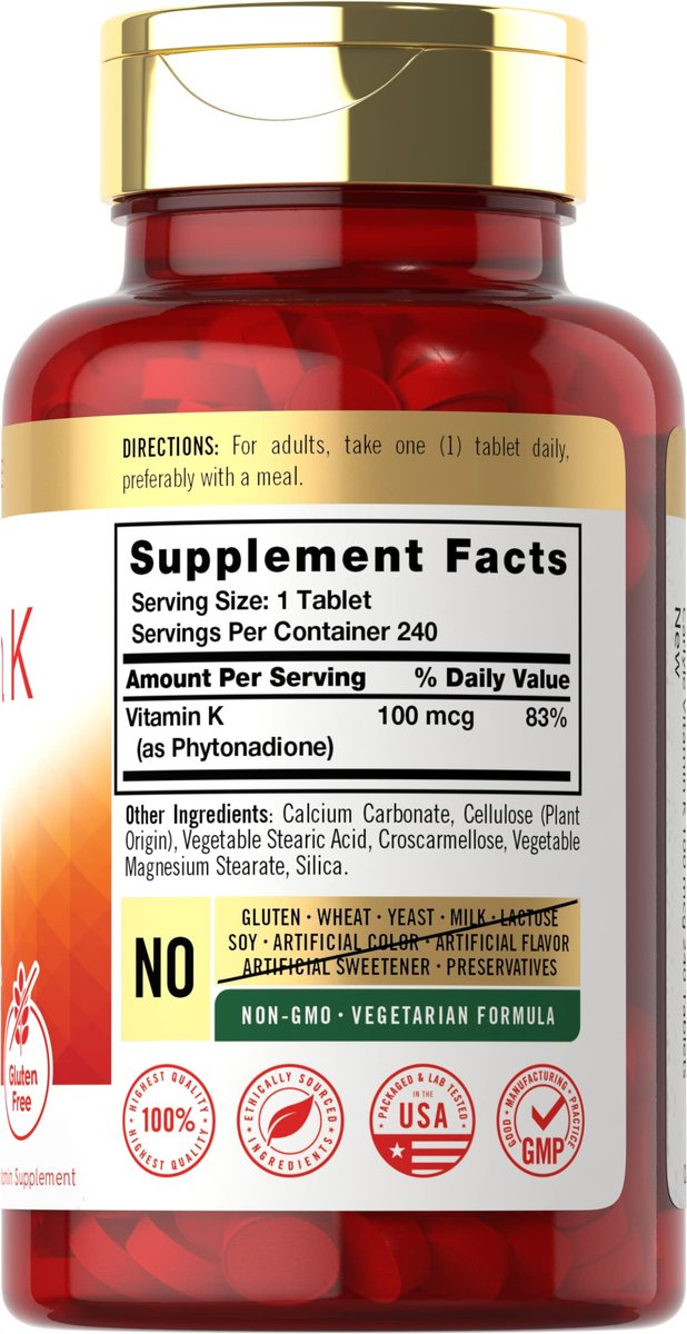 Carlyle Vitamin K 100 mcg | 240 Tabletten | Vegetarisch, Nicht-GVO, Glutenfrei | Vitamin-K-Ergänzung