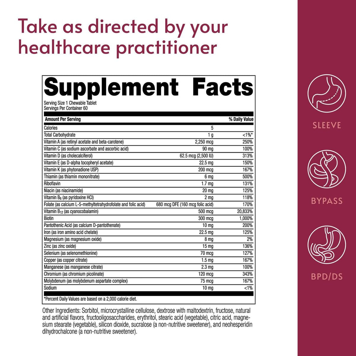 Bariatric Advantage Chewable High ADEK mit Eisen – Hochdosierte Vitamine A, D, E, K & B-Vitamine – Kaubare Multivitamine für Bariatrie-Patienten – Tropische Frucht – 60 Stück