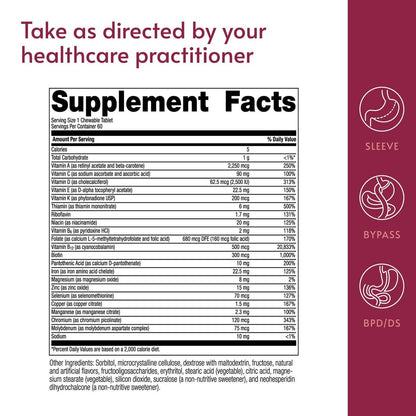 Bariatric Advantage Chewable High ADEK mit Eisen – Hochdosierte Vitamine A, D, E, K & B-Vitamine – Kaubare Multivitamine für Bariatrie-Patienten – Tropische Frucht – 60 Stück