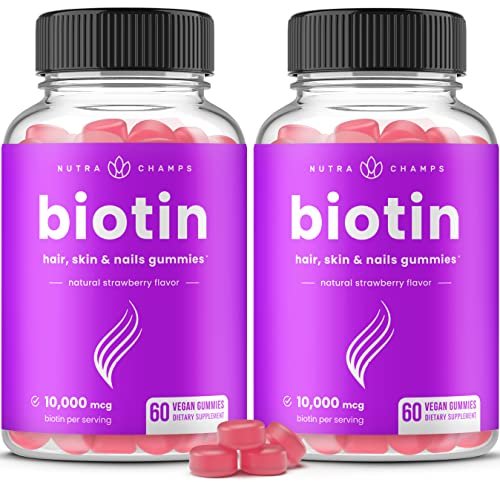 NutraChamps (2er-Pack) Biotin Gummis 10.000 mcg [Hohe Potenz] für gesundes Haar, Haut & Nägel für Erwachsene & Kinder - 5000 mcg pro Gummibärchen - Vegan, Nicht-GVO, Pektin-basiertes Haarpflegepräparat