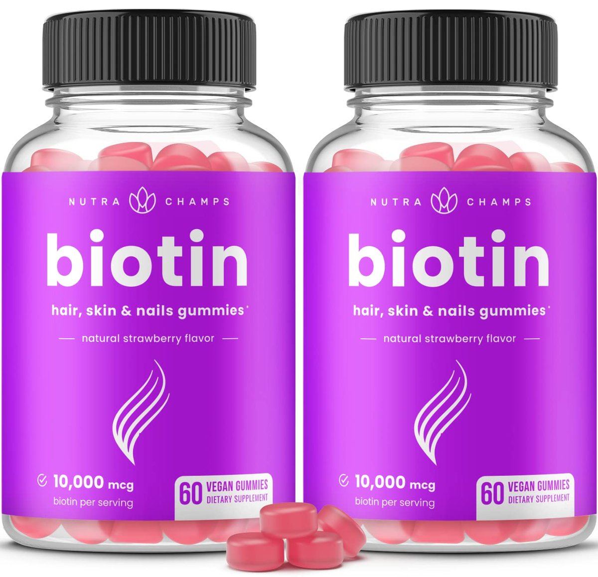 NutraChamps (2er-Pack) Biotin Gummis 10.000 mcg [Hohe Potenz] für gesundes Haar, Haut & Nägel für Erwachsene & Kinder - 5000 mcg pro Gummibärchen - Vegan, Nicht-GVO, Pektin-basiertes Haarpflegepräparat