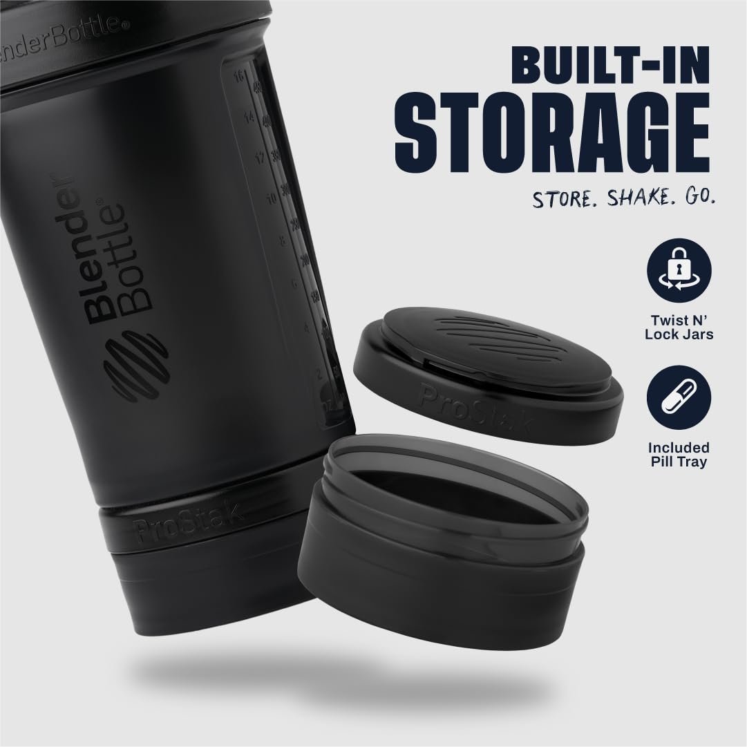 BlenderBottle Shaker Flasche mit Pillen-Organizer und Proteinpulver-Aufbewahrung, Classic V2 ProStak System, 22-Unzen, Midnight Black