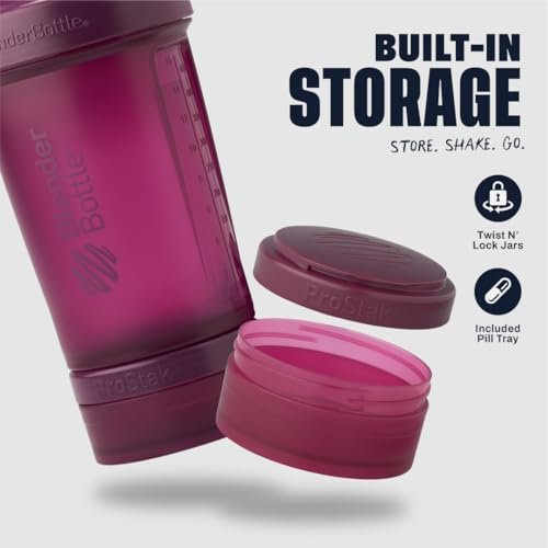 BlenderBottle Shaker Flasche mit Pillenorganizer und Aufbewahrung für Proteinpulver, Classic V2 ProStak System, 22 Unzen, Pflaume