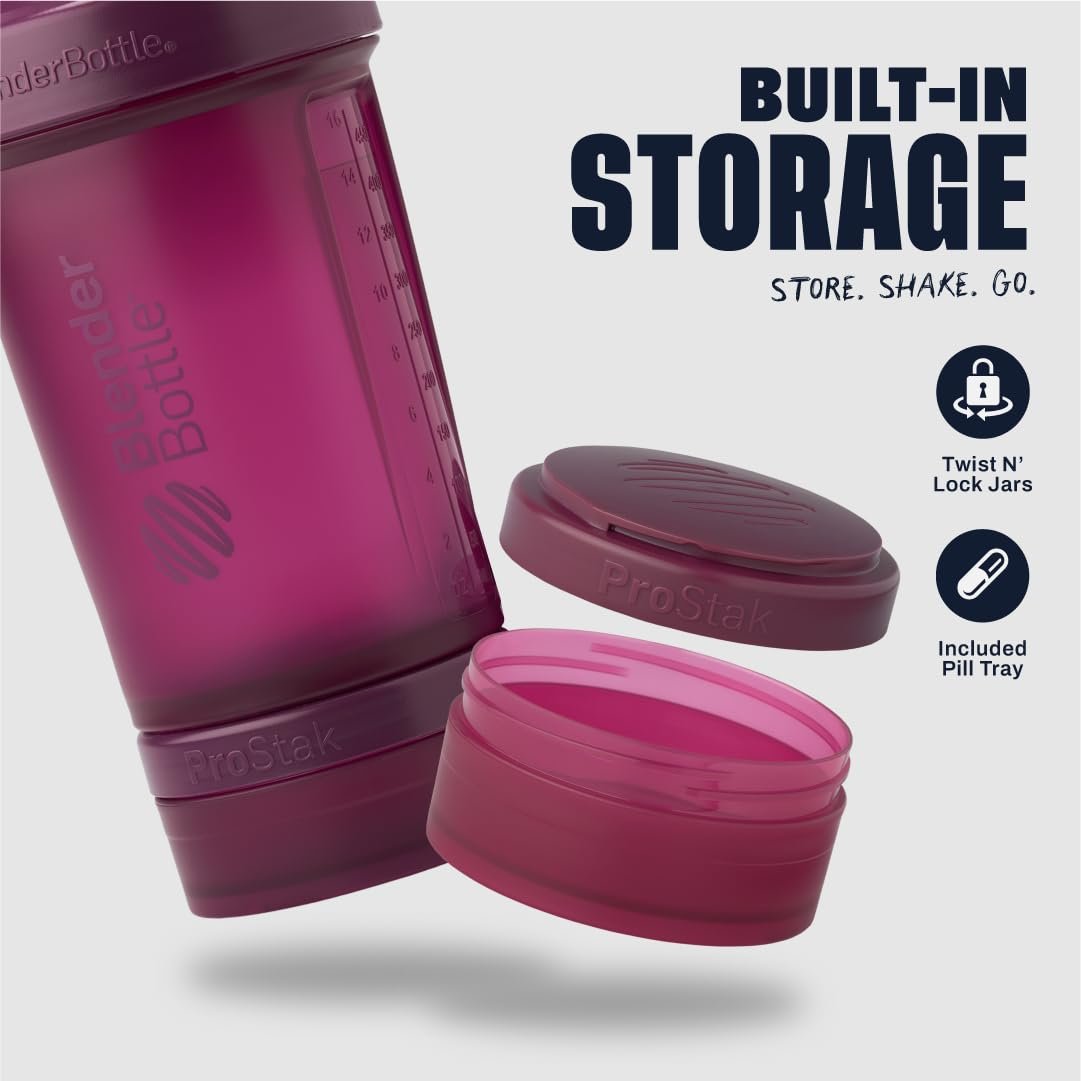 BlenderBottle Shaker Flasche mit Pillenorganizer und Aufbewahrung für Proteinpulver, Classic V2 ProStak System, 22 Unzen, Pflaume
