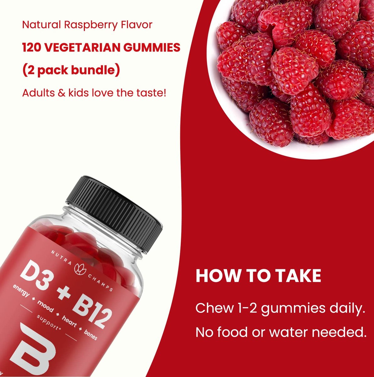 NutraChamps Vitamin D3 & B12 Methyl B12 Gummies für Erwachsene & Kinder – mit Vitamin D3, B12 (Methylcobalamin) & Folsäure (B9) – Natürliche Energie, Stimmung, Stoffwechsel & Konzentration – Himbeere, 120 Gummies (2er-Pack)