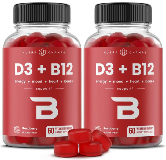 NutraChamps Vitamin D3 & B12 Methyl B12 Gummies für Erwachsene & Kinder – mit Vitamin D3, B12 (Methylcobalamin) & Folsäure (B9) – Natürliche Energie, Stimmung, Stoffwechsel & Konzentration – Himbeere, 120 Gummies (2er-Pack)