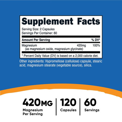 Nutricost Magnesium+ Extra Strength 420mg, 120 Kapseln - 60 Portionen. Magnesiumoxid und Glycinat - Nicht-GVO, Glutenfrei, Vegan