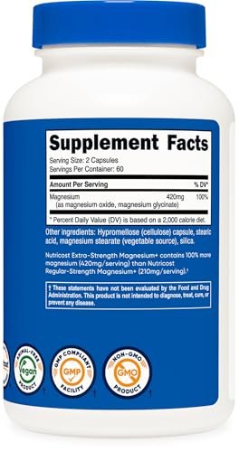 Nutricost Magnesium+ Extra Strength 420mg, 120 Kapseln - 60 Portionen. Magnesiumoxid und Glycinat - Nicht-GVO, Glutenfrei, Vegan